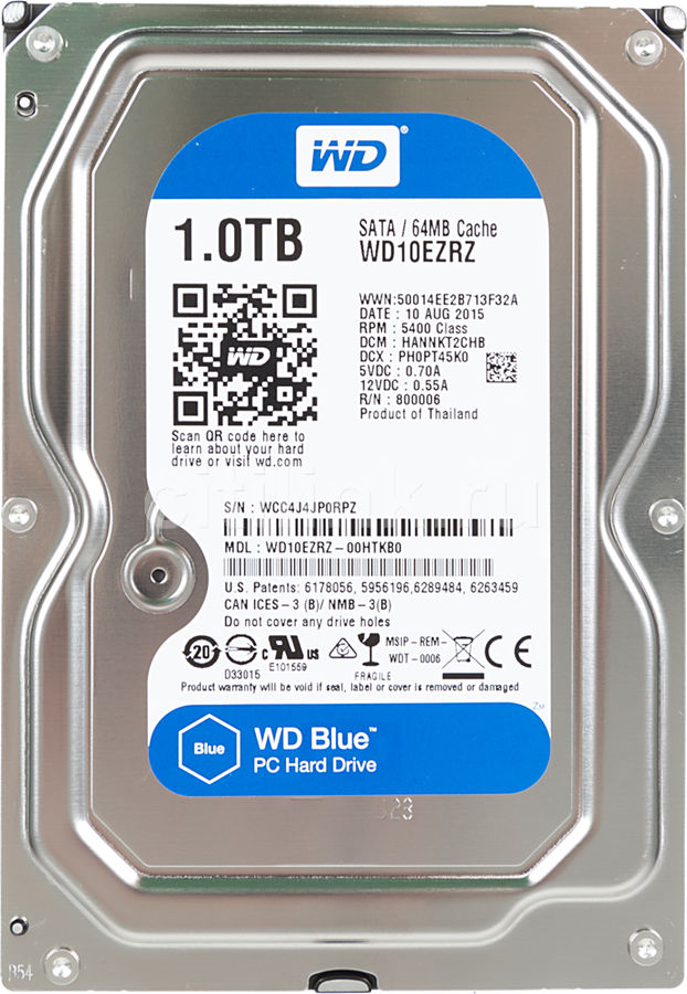 HDD SATA-III WD Caviar Blue, WD10EZRZ, 1ТБ, 3.5", 5400об/мин, 64Мб, Жесткий диск