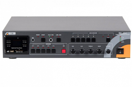Roxton SX-480 Автоматическая система оповещения-USB-проигрыватель-тюнер-усилитель 480 Вт, 1 микр./2 лин. входа, 5 зон, модуль контроля линий, ИК-пульт ДУ