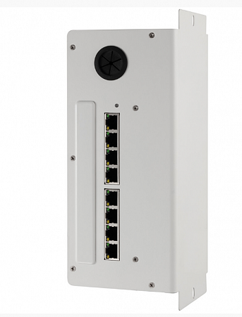 Hikvision DS-KAD606 PoE-коммутатор оборудован 8 портами RJ-45 10/100 Мб/с. 6 каналов для передачи данных и питания по витой паре и 2-канальное каскадирование LAN. Встроенный стабилизатор напряжения.