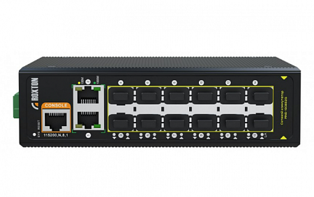 Roxton MNS-1008S2G Управляемый оптический коммутатор с 12 оптическими SFP портами 100/1000 Мбит/с, 2 RJ45х10/100/1000 Мбит/с. Возможность установки в 19” телекоммуникационную стойку на DIN рейку.