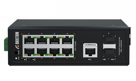 Roxton MNS-1008F2SP Управляемый сетевой коммутатор с 8 PoE портами 10/100/1000 Мбит/с, 2х1000 Мбит/c SFP портами. Возможность установки в 19” телекоммуникационную стойку на DIN рейку.